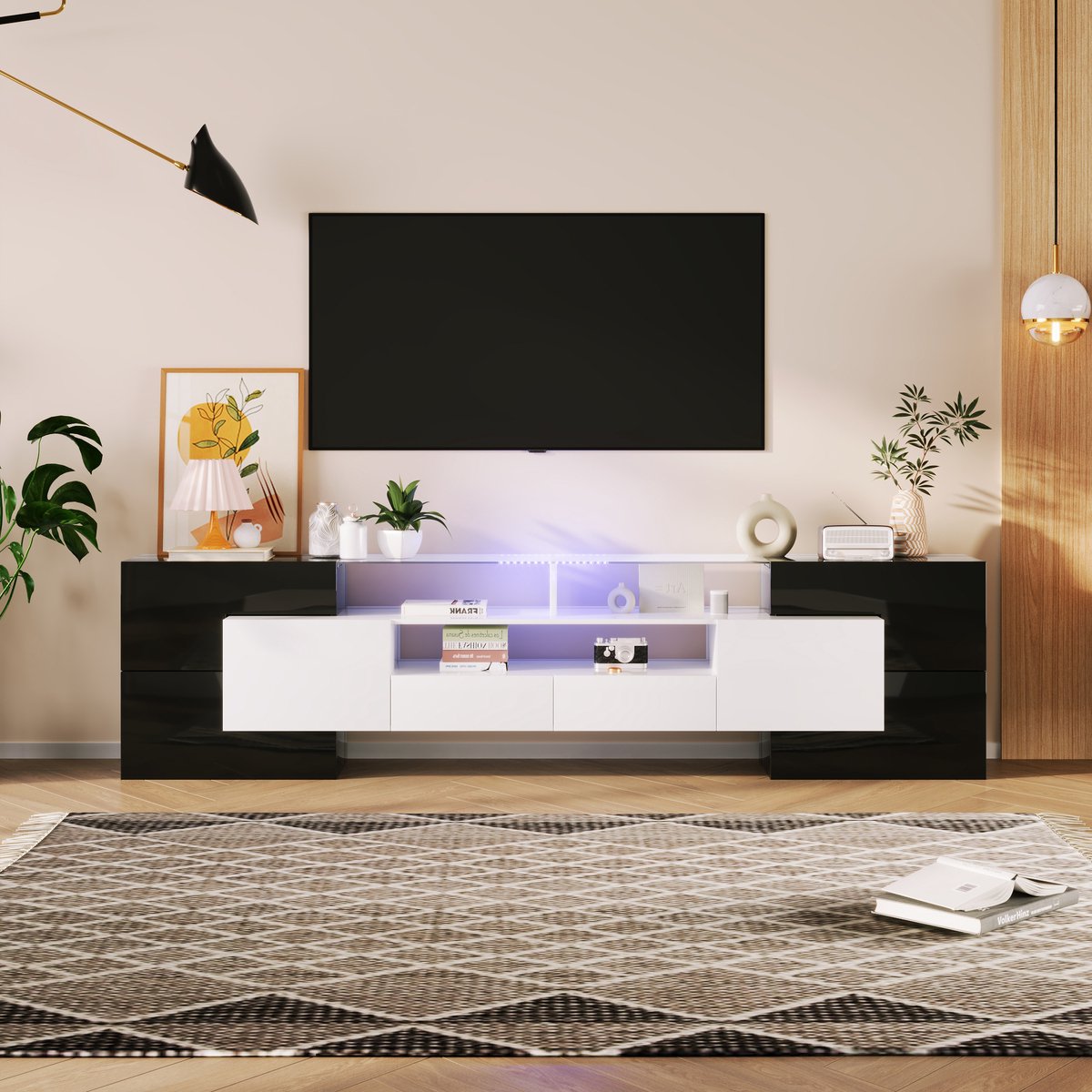 Sweiko TV-kast - Hoogglans - 2 lades - LED-verlichting - Glazen blad - Zwart + Wit