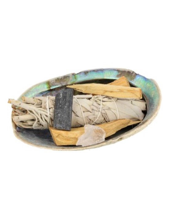 Abalone Schelp -  Smudge Kit - Toermalijn - Kristal - Salie - Palo Santo - Reinigingsset van omgeving - Mediteren - Yoga - Edelsteen - Wierook - Chakra