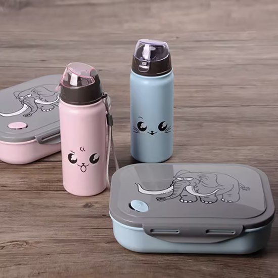 Set boîte à lunch éléphant (21*16,5*6cm) + gourde en acier inoxydable (D6,5*19cm / 400ml) - boîte à lunch enfants - Boîte à pain Blauw