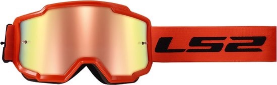 Masque de cross orange avec une lentille miroir et une sangle orange avec les lettres "LS2" noires.