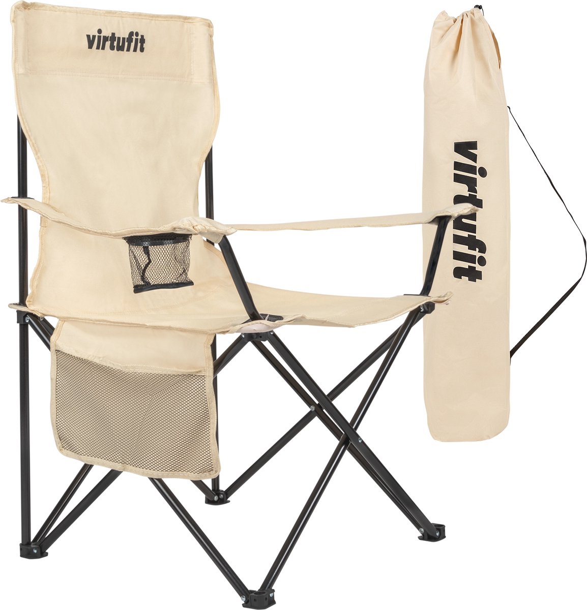VirtuFit Opvouwbare Camping Stoel - Strandstoel - Inclusief Draagtas - Geschikt voor Festivals Campings & Stranden - Inclusief armsteunen - Eenvoudig Meenemen en Opzetten - Beige