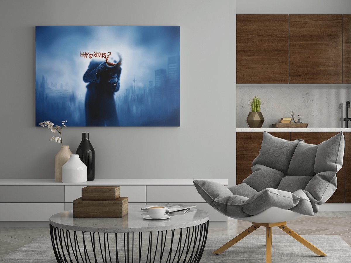 Trendex Global Canvas Schilderij - The Joker - Why So Serious - Joker - Wanddecoratie - 90x60x2 cm Blauw