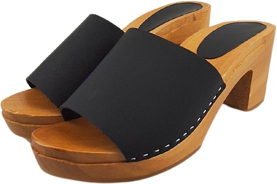 Matt black heels - hak 7cm - nubuck leer - houten zool - open toe - maat 35