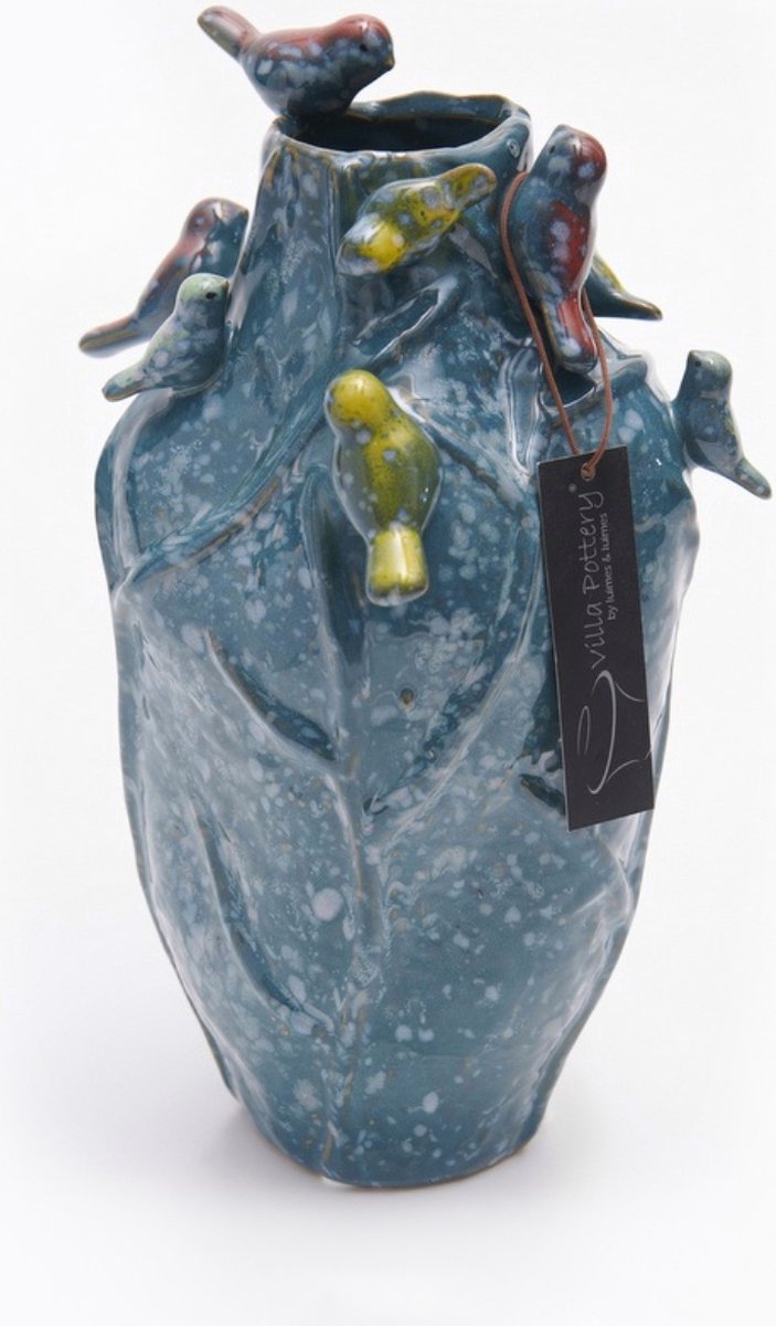 Irishflowers Vaas - Villa Pottery - Porselein - Waterdicht - Vogelvaas - Decoratie - Woondecoratie - Lieve 3 Blue 9 Birds Blauw