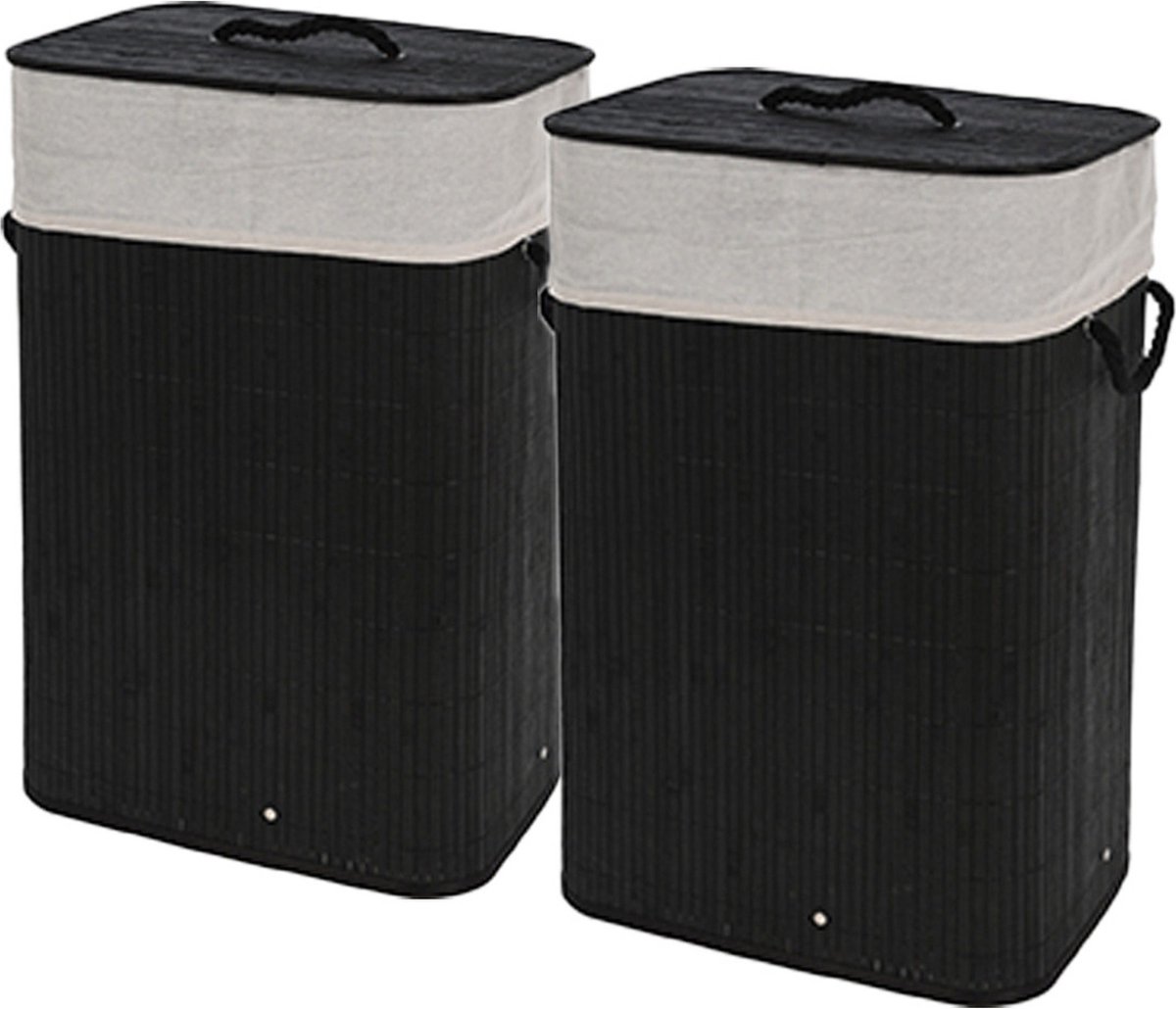Goedkoopste Storage Solutions Wasmand - 2x - bamboe hout - met deksel - zwart - 40 x 30 x 60 cm - 70 liter - opvouwbaar
