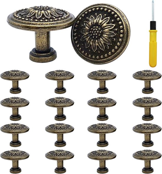 Foto: Pak van 16 vintage kastknoppen 30 mm bloemen ronde meubeldeurknoppen ladeknoppen bronzen antieke kastknoppen voor lade keuken badkamer kledingkast dressoir