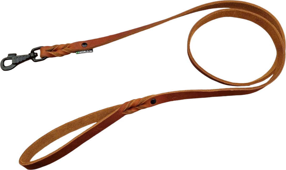K9 World by van der Veeke, hondenriem met handvat, cognac bruin, black edition hardware, 1.8m