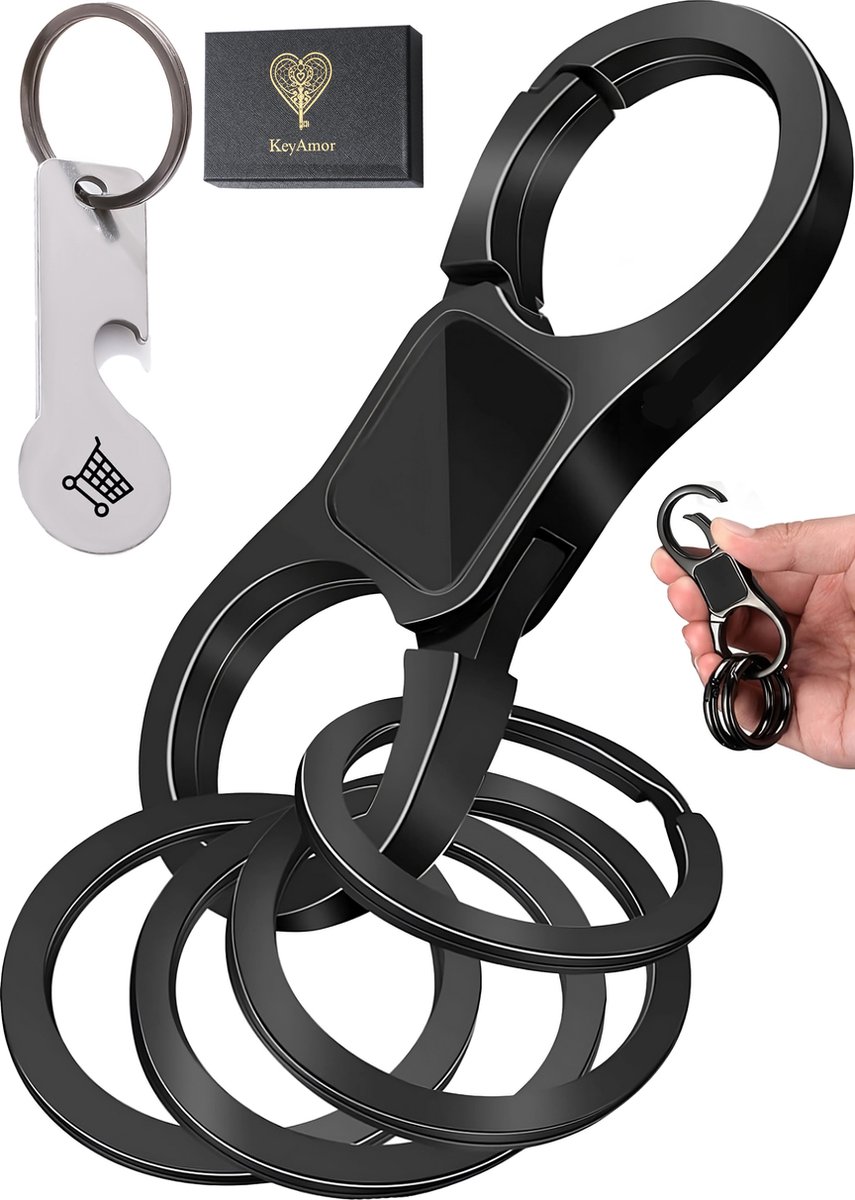 Luxe Metaal Dubbelzijdig Karabijnhaak Sleutelhanger met Sleutelringen - Quick-Release Auto Sleutelhouder Ringen - Musketonhaak Keychain voor Volwassen, Mannen, Vrouwen - Karabijnsluiting Sleutel Hanger - Zwart