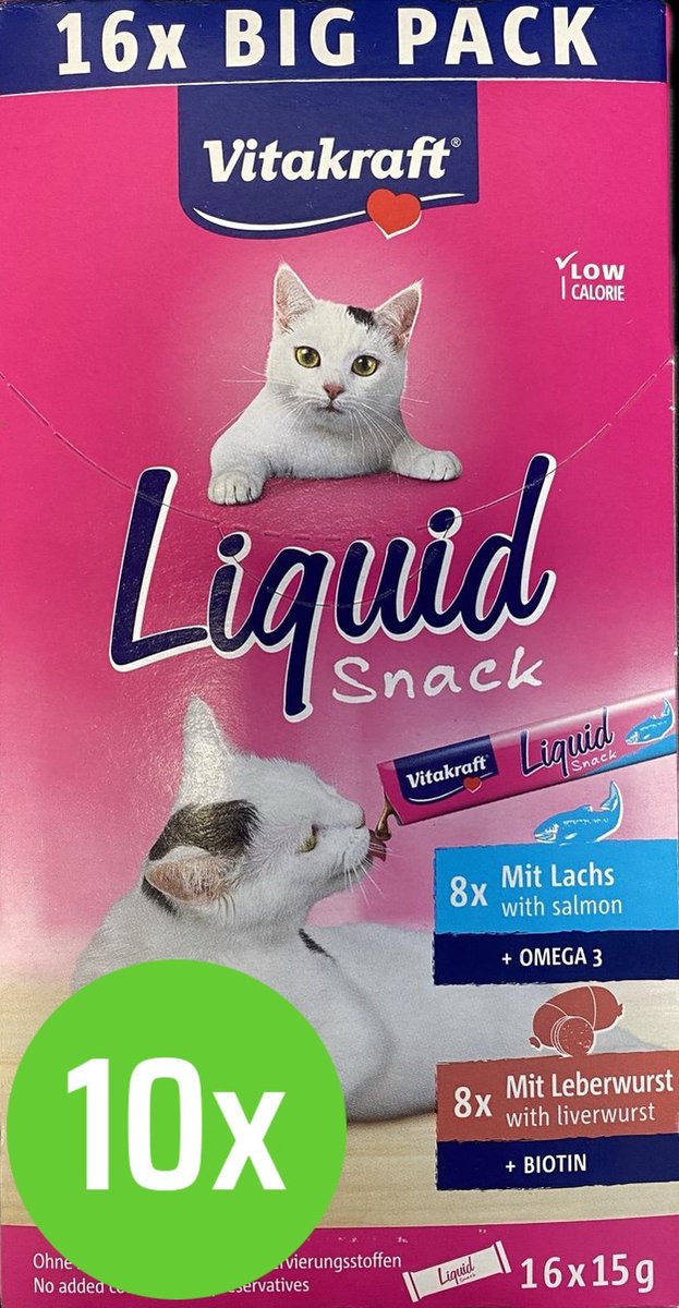 Vitakraft Liquid Snack Multipack 16x15 gr - Kattensnack - Zalm & Leverworst - 10 verpakkingen