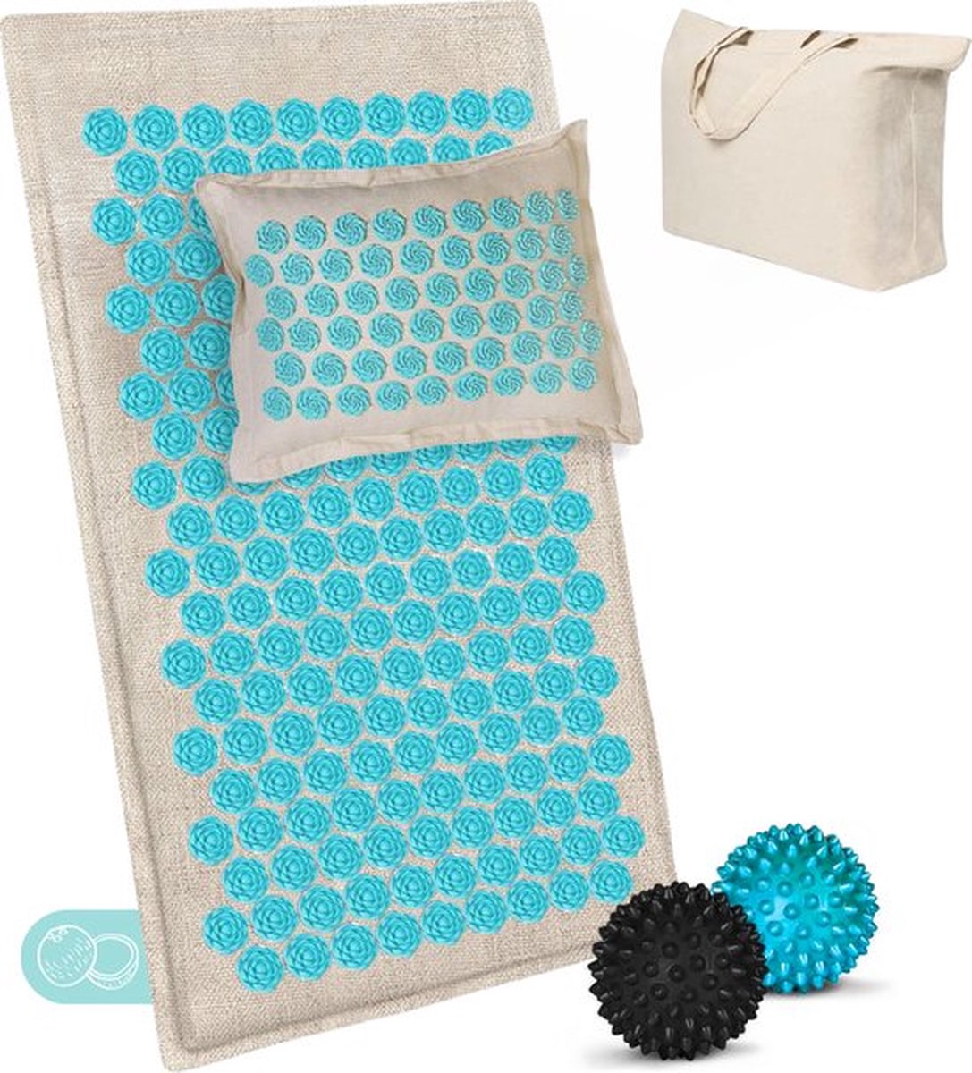 Goedkoopste Grinisse ECO Spijkermat met kussen – Shakti mat – Kokosvezel & Boekweit vulling – Acupressuur mat – Incl 2x trigger ballen & Linnen opbergtas – Naturel linnen/Turquoise – 74 x 44