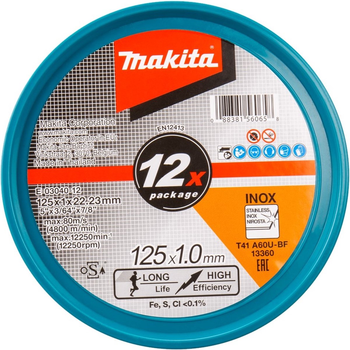 Makita E-03040-12 Doorslijpschijf RVS A60U | 125 x 22,23 x 1,0 mm | 12 stuks