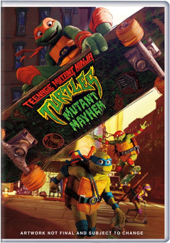 DVD-hoes met Teenage Mutant Ninja Turtles op een skateboard in een stad. Mikey ligt bovenop de gigantische skateboard.