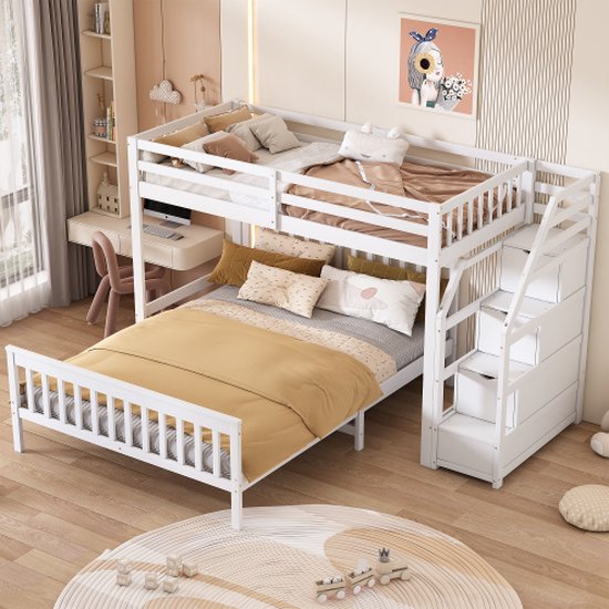 Stapelbed Voor Kinderen - 90 X 200 Cm 140 X 200 Cm - Met Opbergladder 2 Lades Hout Wit Naturel