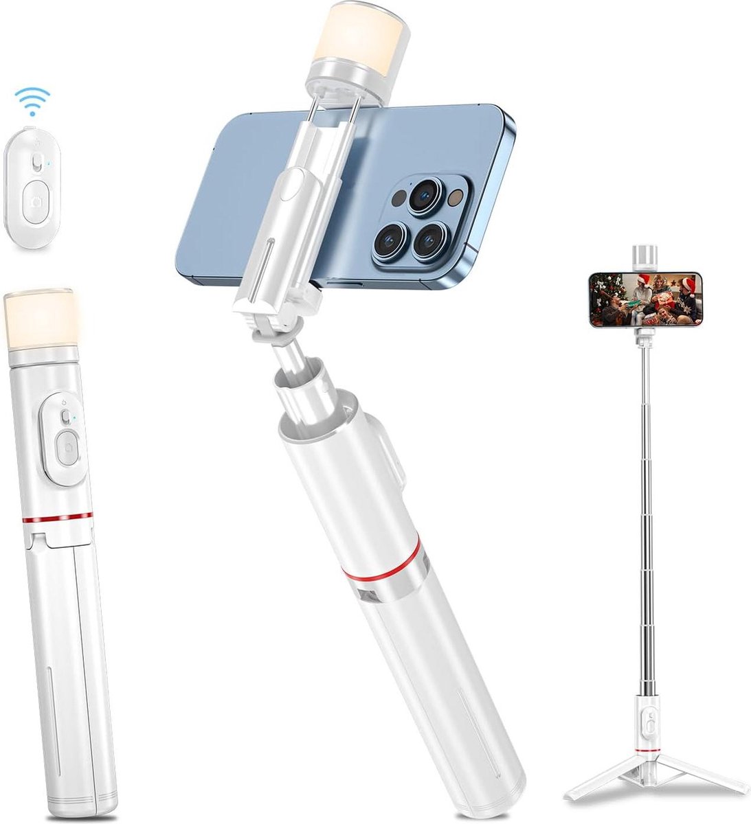 Bluetooth Selfiestick Statief Uitbreidbaar 3-in-1 - Aluminium Selfiestang - Draadloze Afstandsbediening - Vullicht - iPhone 13/12/11 Pro - XS Max - XS - X - 8 - 7 - Samsung - Smartphones - Wit selfie stick voor mobiele telefoon