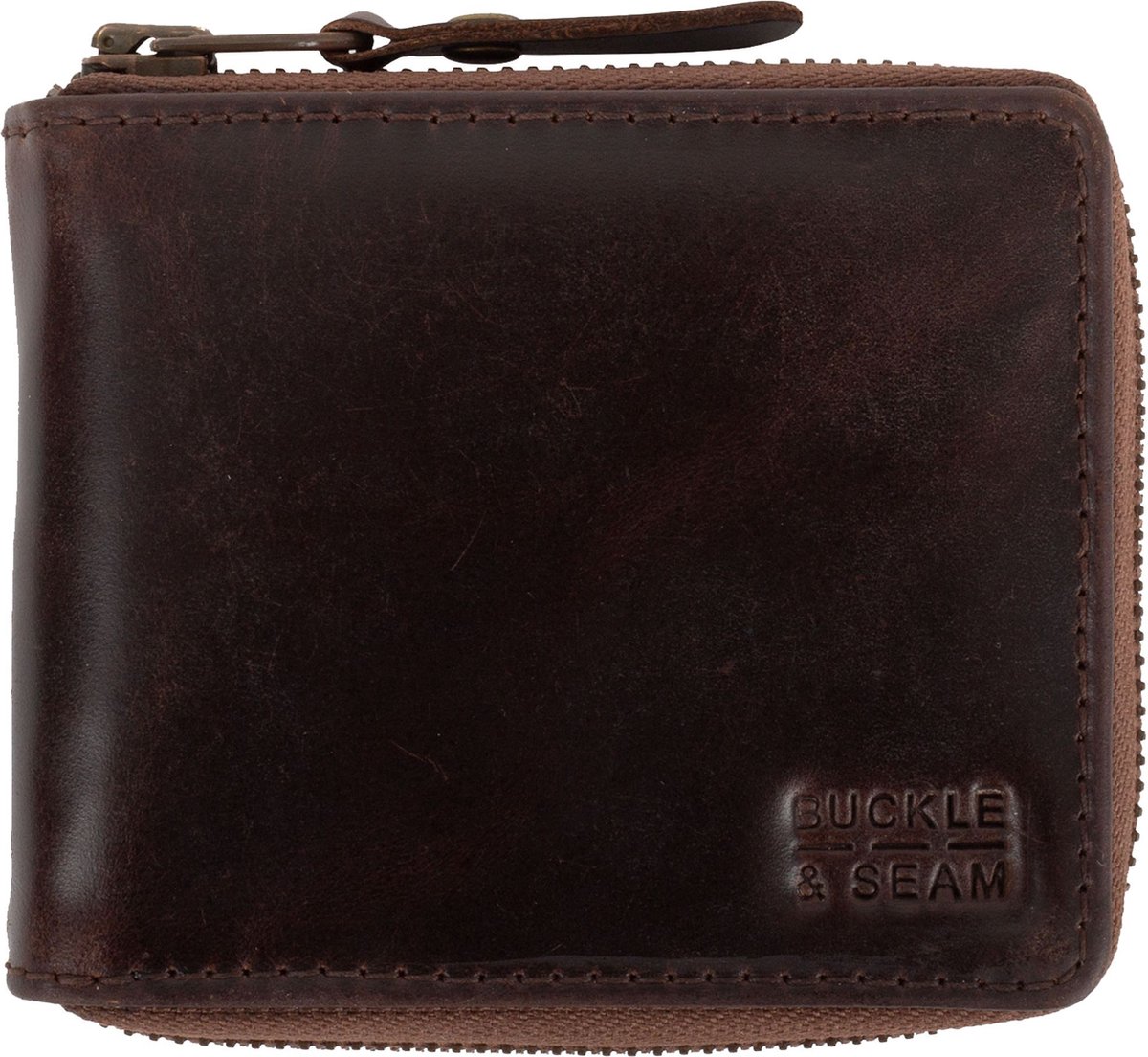 BUCKLE & SEAM Leren Portemonnee Grind Blu Zip Wallet Brown Donkerbruin
