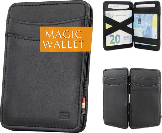 Portefeuille magique noir, avec le texte 'MAGIC WALLET', portefeuille ouverte avec billets en euros et cartes bancaires.