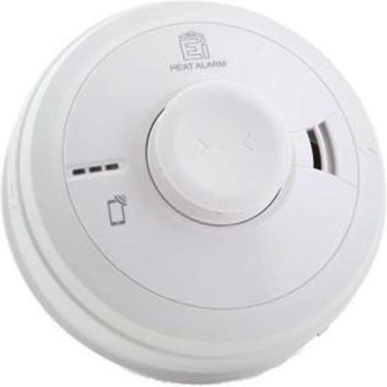 Witte Ei-hittedetector met centrale knop en indicatielampjes.
