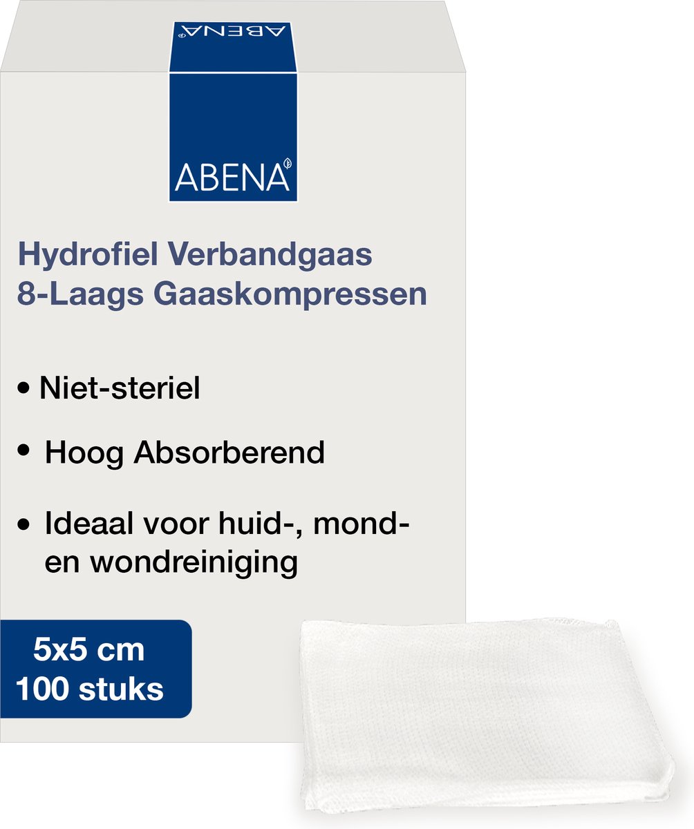 Goedkoopste Abena Gaaskompres - 100 Stuks - Hydrofiel Verbandgaas - 8-Laags Gaaskompressen - 100 Katoen - 5 cm x 5 cm