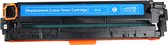 Cyaan laser tonercartridge met oranje en blauwe accenten en "Replacement Laser Toner Cartridge 321A" op een blauw label.