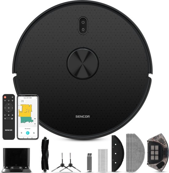 Sencor SRV 9120BK Robotstofzuiger met dweilfunctie – Laadstation – Verwijderd huisdieren haren - Lidar-laser – App bediening – Bluetooth – 4 zuigniveaus – 3 dweilniveaus – TOF-sensor – Multi-rooming – Multi-mapping