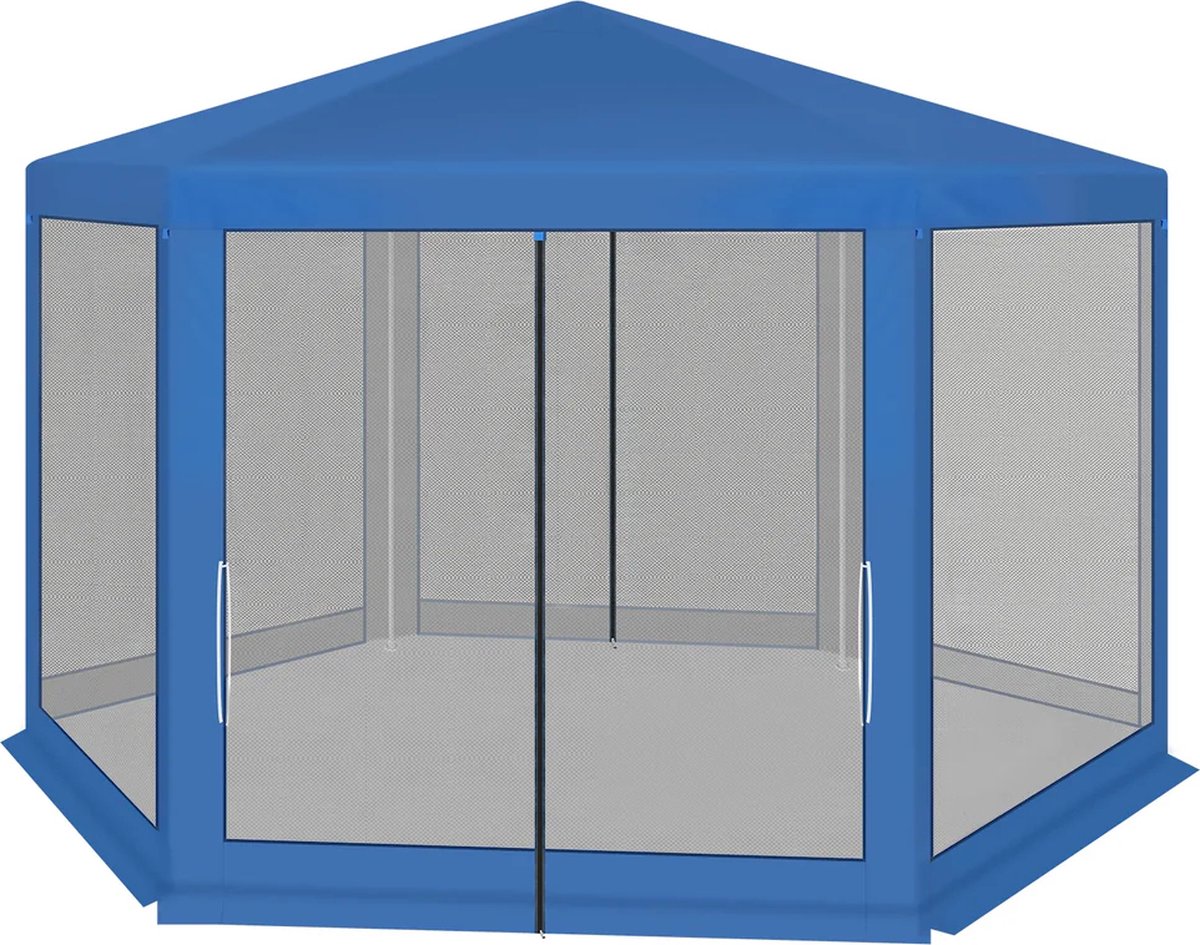 BukkitBow - Partytent met Hor Zijwanden – Zeshoekige Tent Opvouwbaar – Zonbestendig met Vliegenhor – Tuinpaviljoen 380 x 330 cm – Blauw