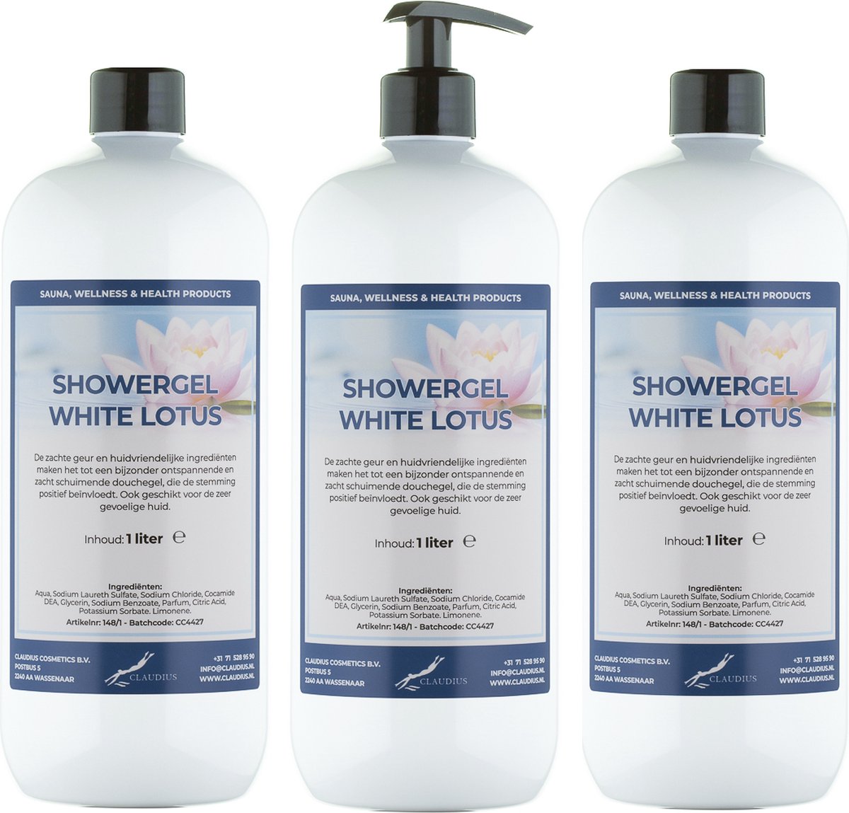 Goedkoopste Douchegel White Lotus 1 liter - set van 3 stuks - met gratis pomp - showergel