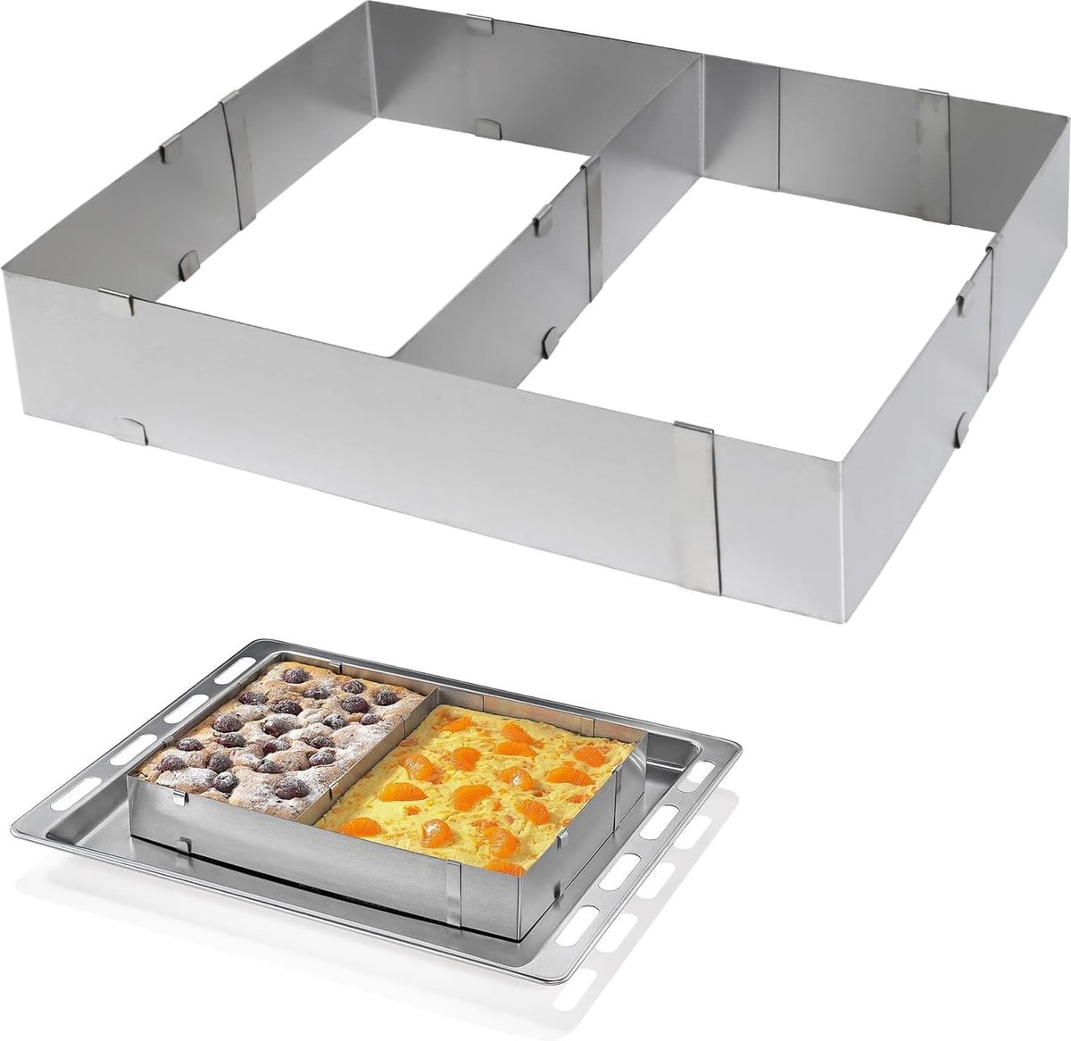 Bakframe rechthoekig verstelbaar met verdeler RVS bakvorm rechthoekige taartring vierkant 8 cm hoog verstelbare taartvorm vierkant voor taartbodem