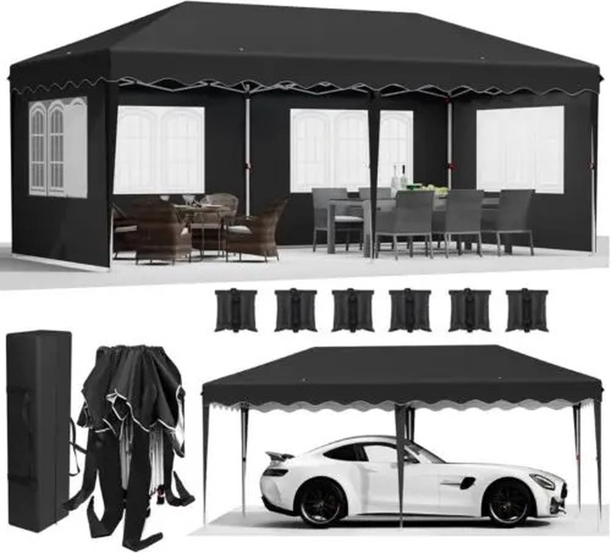 T&L Store Partytent Paviljoen Prieel Waterdicht In Hoogte Verstelbaar Opvouwbaar HDPE zeilmateriaal Zwart 3x6m
