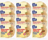 Verpakking met twaalf porties hele tarwetortilla's, elk met 'we care' logo en afbeelding van een gevulde wrap.