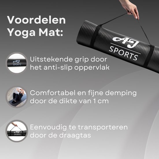 AJ-Sports Yoga mat - Yogamat - Fitness mat NBR - Sport mat - Trainingsmat - Anti slip - Inclusief draagtas - Fitnessmat - Zwart - Yoga - Pilates - Fitness - 183 x 61 x 1 cm van AJ-Sports — afbeelding 2