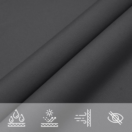 Gevouwen antracietkleurige stof met iconen voor waterdicht, UV-bestendig en ademend.