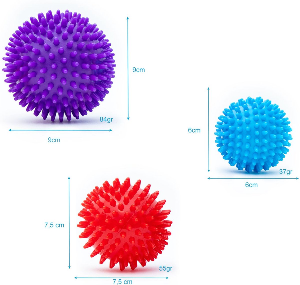 Intirilife massagebal set van 3 fascieballen in paars - rood - blauw puistbal - 9 / 7,5 / 6 cm - egelbal voor zelfmassage massagebal voor rug benen voeten reflexzones stekelige bal — cadeau in Verzorging - foto 8