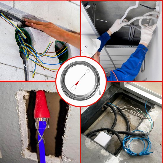 Collage van installaties met een trekveer: draden door muur, mannen leggen kabels in plafond, kabel met rode en blauwe connector, kabels in vloer.