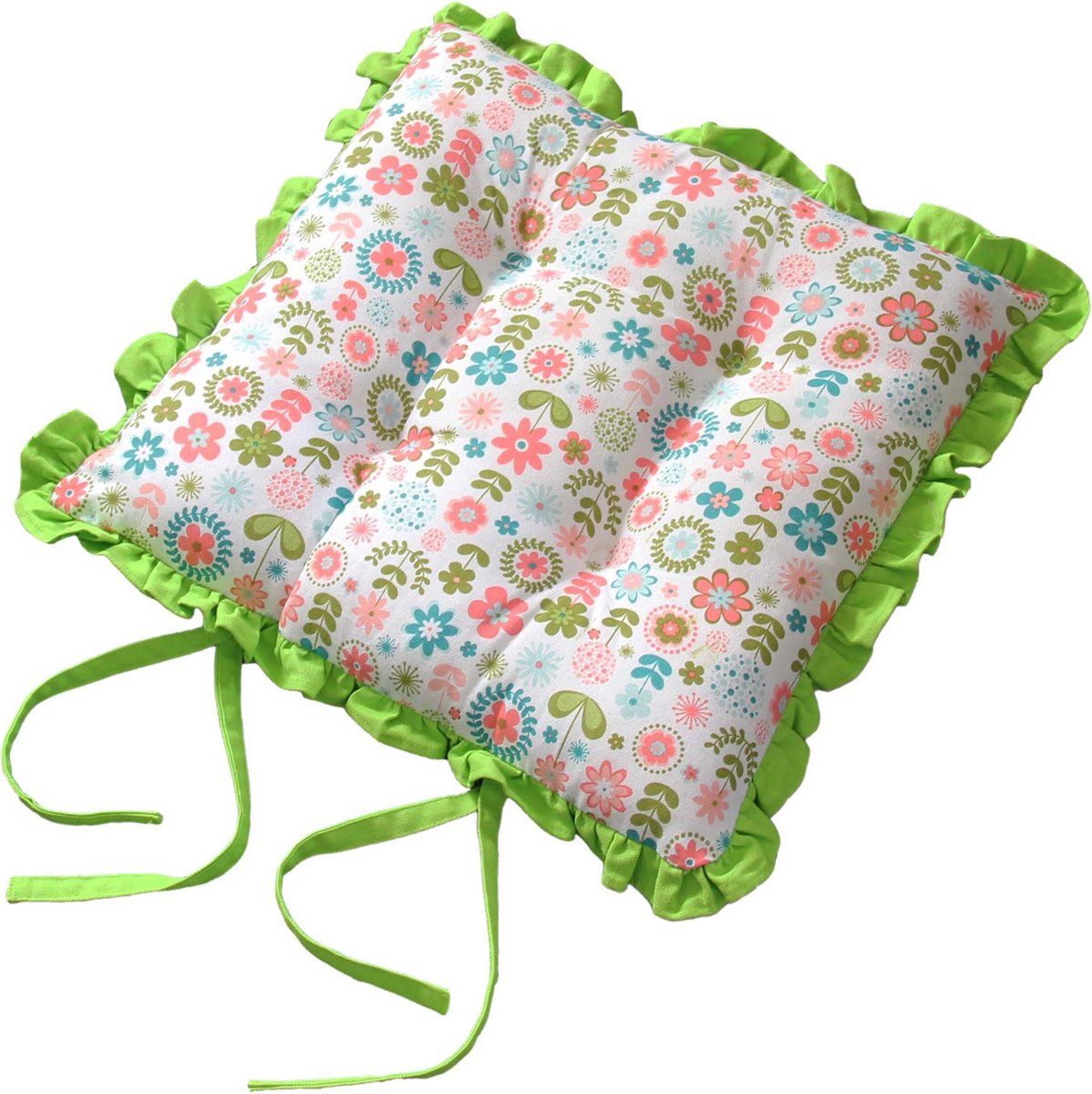 Homescapes rucheskussen voor omkeerbaar stoelkussen met strikken retro bloemen Groen