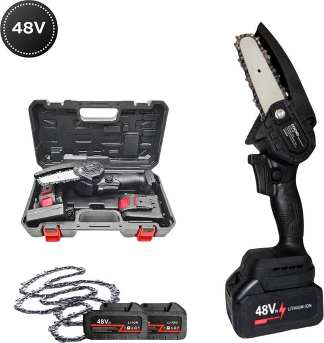 Cocho Mini kettingzaag 4 Inch Snoeizaag Kettingzaag Electrisch met 2 Accu en 2 Zaagketting Inclusief Koffer Zwart