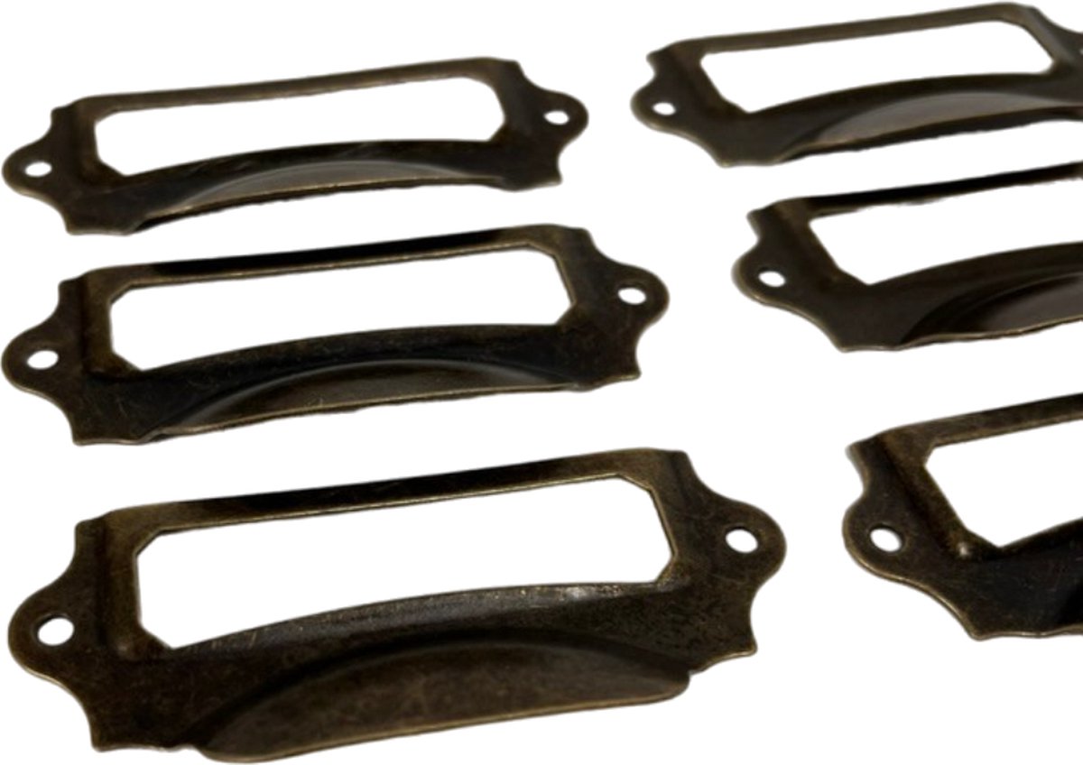 MGM Trading 10 x etiketvensters, metalen handgrepen in antiek messing look, sleuven voor apothekerskasten, indexdozen, laden, archivering, set van 10 (90 x 40 mm)
