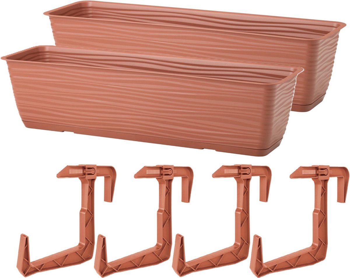 Form Plastic Balkon plantenbak Balustrade - 2x - incl ophangbeugels - kunststof - terracotta - L60 x B17 x H14
