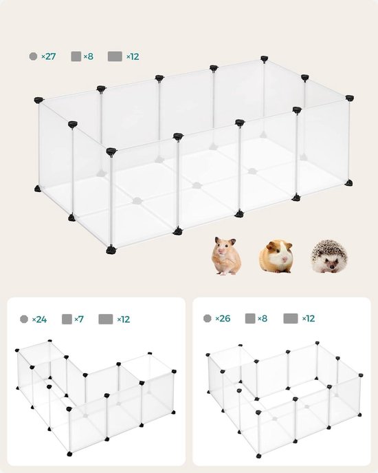 Buitenverblijf bodempanelen box caviaverblijf kunststof hamsters konijnen egels 125 x 63 x 42 cm wit LPC001W01