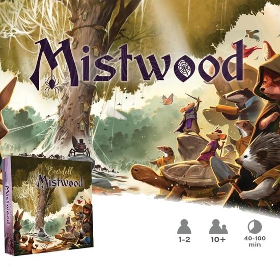 De doos van het spel 'Everdell Mistwood' toont een groep antropomorfe dieren onder een grote, mistige boom. Iconen geven aan 1-2 spelers, 10+ jaar, 40-100 minuten.