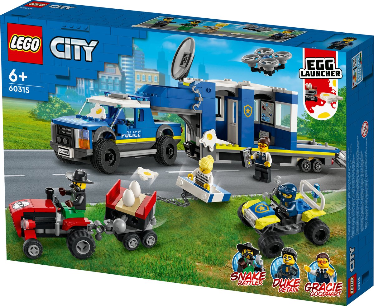 LEGO® City Mobiele commandowagen politie 60315 bouwset voor kinderen vanaf 6 jaar; met een pick-uptruck en aanhanger met gevangenis, een terreinwagen en een drone, een tractor met eier-aanhanger en 4 minifiguren (436 onderdelen) — afbeelding 13