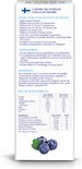 Voedingswaarde tabel met energie, koolhydraten, vetten, eiwitten, zout, ijzer en vitaminen. Met afbeelding van bosbessen.