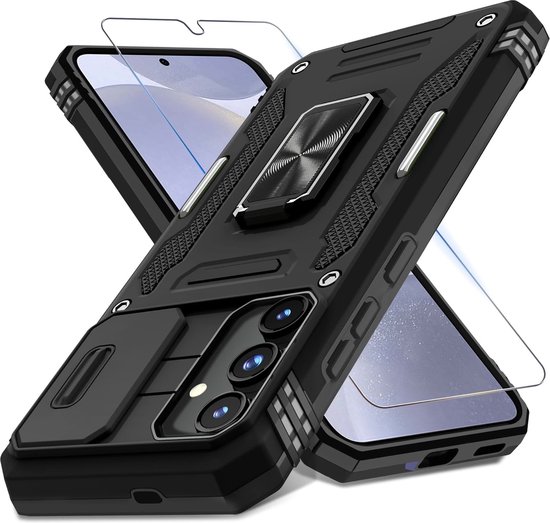 Arara Coque arrière pour Samsung Galaxy S24 Plus- Avec anneau de support rotatif et protection d'appareil photo - avec protecteur d'écran en verre trempé - Zwart