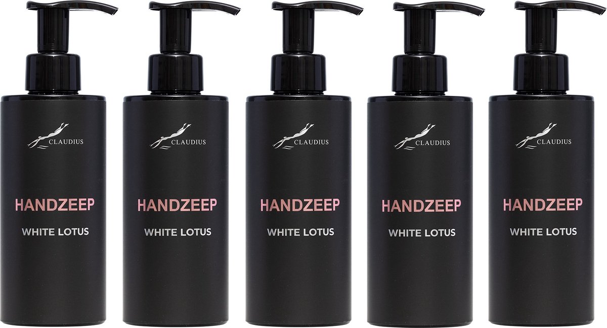 Goedkoopste Handzeep White Lotus 300 ml - met pomp - zwarte fles - set van 5 stuks - Voordeelverpakking