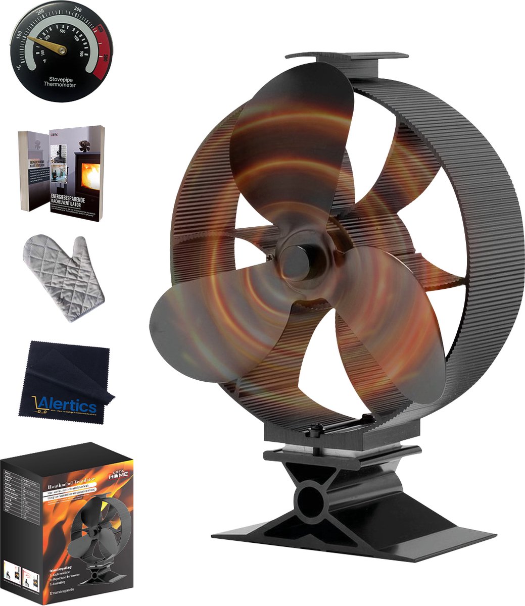 LotaHome - Houtkachelventilator - Haardventilator - XXL - Met Thermometer, Handschoen, Informatieboek en Doekje - Houtkachel Warmte Verspreider - Warmte aangedreven ventilator voor houtkachels, pelletkachels, gaskachels, speksteenkachels - Ecofan