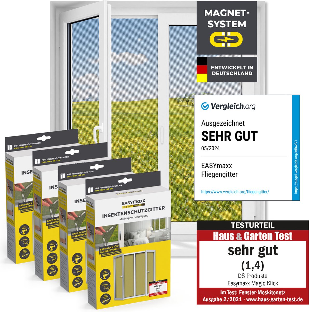 EASYmaxx Insectenhor met magnetische bevestiging | vliegenhor raam | op maat geknipt muskietennet tot 150 x 130 cm | 12 sterke magneten zonder boren | zwart, 4 stuks