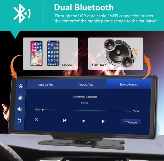Inefala Draadloos Draagbaar 10,26 Inch Android Auto Auto Carplay Scherm, Volledig Touchscreen, Mirror Link, Dubbele Bluetooth, FM, TF/AUX-ingang Inefala Draadloos Draagbaar 10,26 Inch Android Auto Auto Carplay Scherm, Volledig Touchscreen, Mirror Link, Dubbele Bluetooth, FM, TF/AUX-ingang