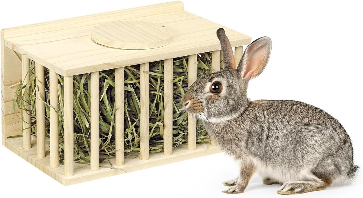 Hooiruif voor konijnen van dennenhout met schuifdeksel – Makkelijk te vullen – Hooi rek voor knaagdieren – Voor konijnenkooi en konijnenhok