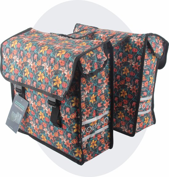 Foto: Voltano dubbele fietstas floral fiesta zwart met kleurrijke bloemen 38 liter 100 waterdicht polyester vrolijke fietstassen