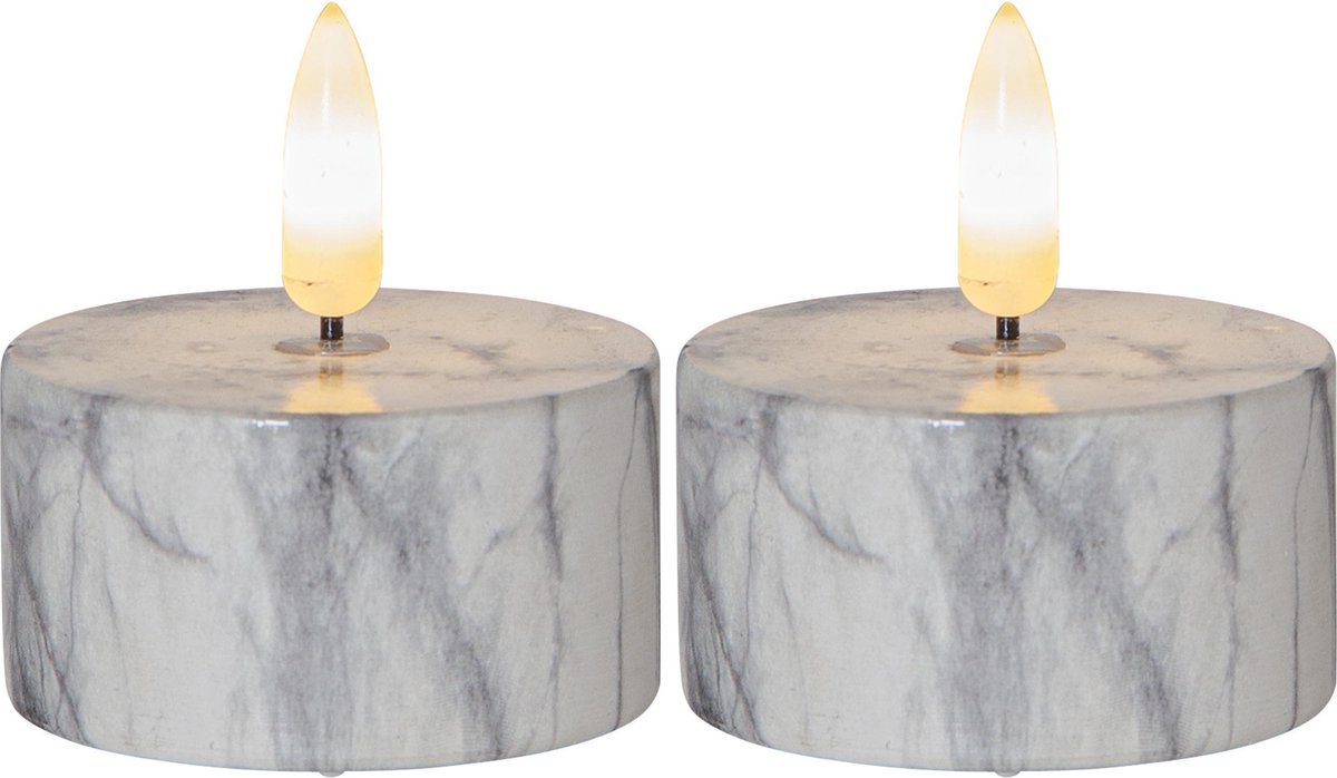 Star Trading kaarsenset Flamme Marble, 2 stuks, theelichtjes, marmer design, LED, timer, warm wit, 6 cm Grijs