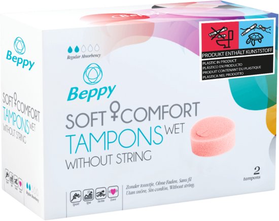 Doos met 2 Beppy Soft+Comfort tampons zonder touwtje. Toont een roze spons.